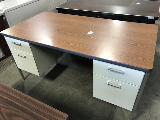 30x60 Dbl Ped Metal Desk-Putty w/ Oak Top