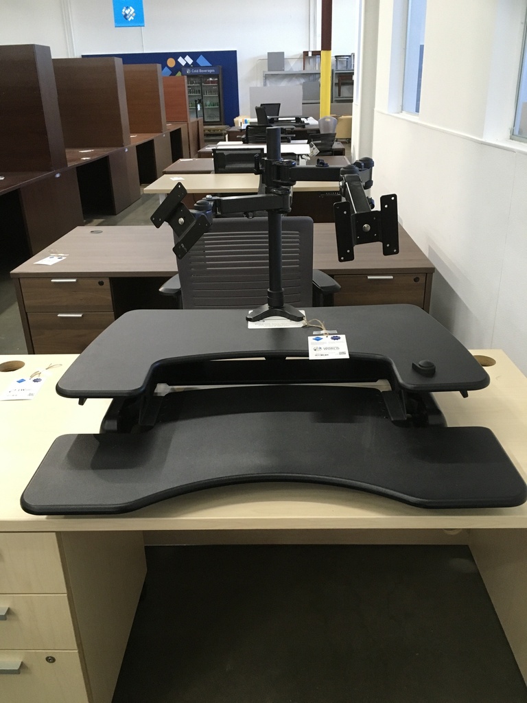 Black 36" Varidesk Sit Stand Computer Riser With Dual Monitor Arms